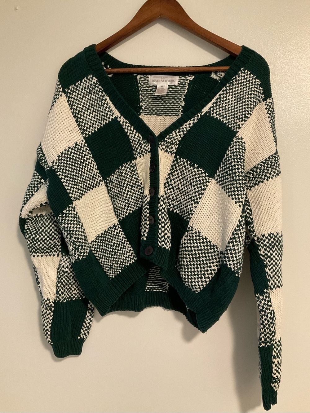 Vintage Y2K Jones New York Hand Knit Checkerboard Cotton Cardigan M - Picture 2 of 4